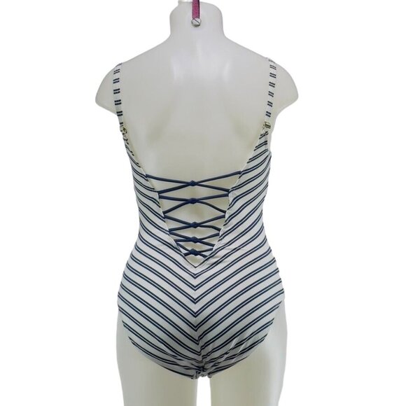 BLEU ROD BEATTIE Women's Swimsuit 1 Pc Nylon Striped Blue White Open Back Size 4 - Picture 5 of 10